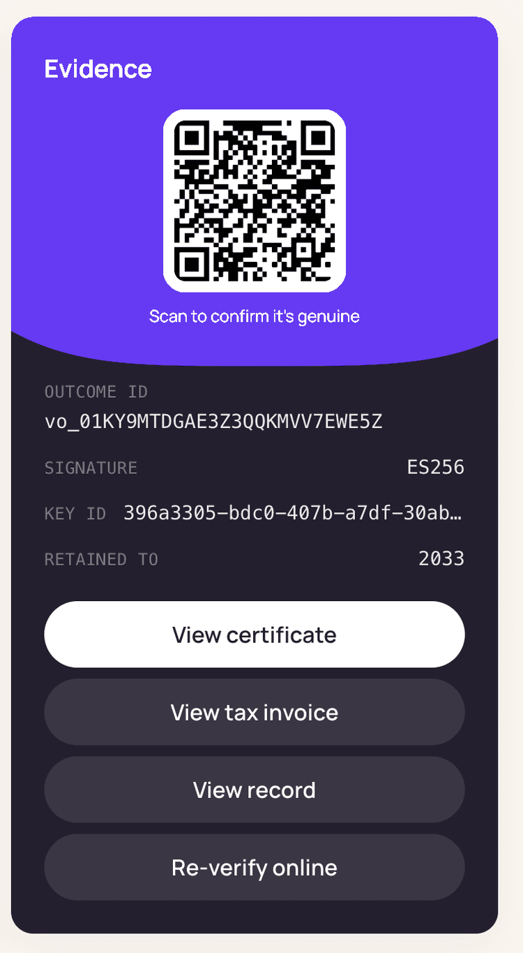 Senly ID evidence record with a QR code to confirm it is genuine